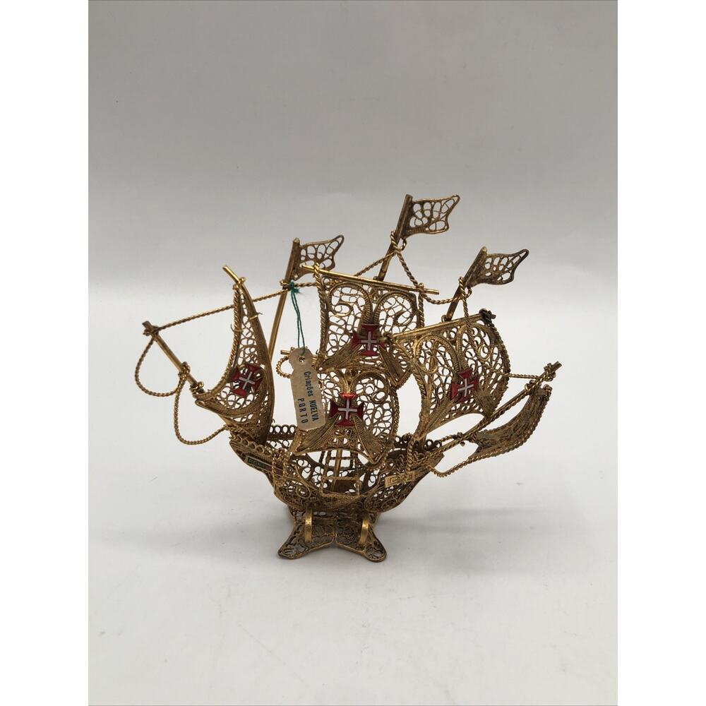 Vintage Portuguese Caravel Ship Figurine - Filigree Gold Gilt Copper Nuelva RARE